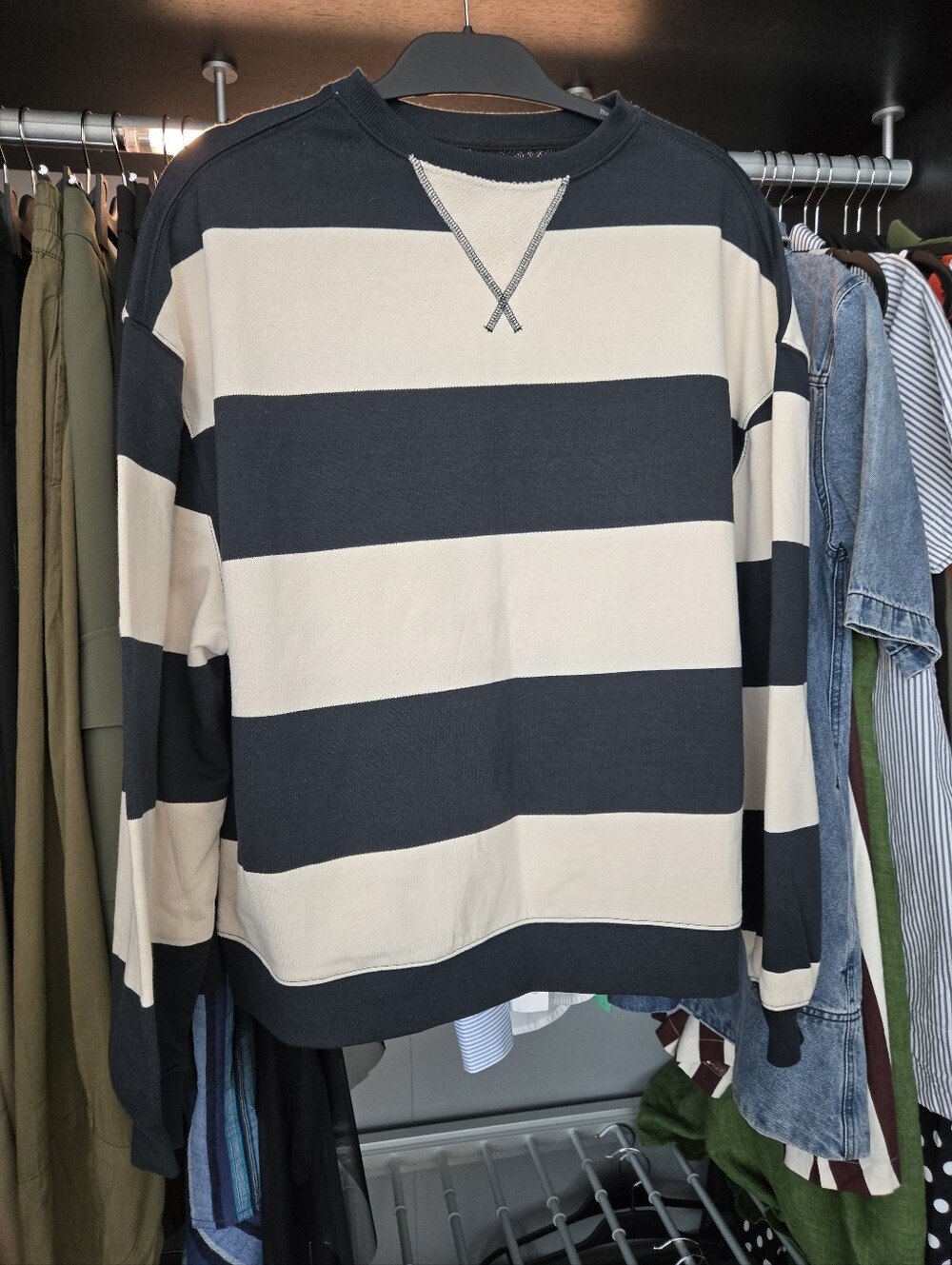 Free People Black and Cream Wide-Stripe Crew Sweatshirt